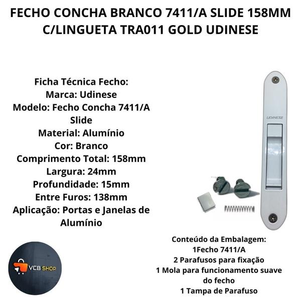 Imagem de Fecho concha branco 7411/a slide 158mm janela porta aluminio udinese