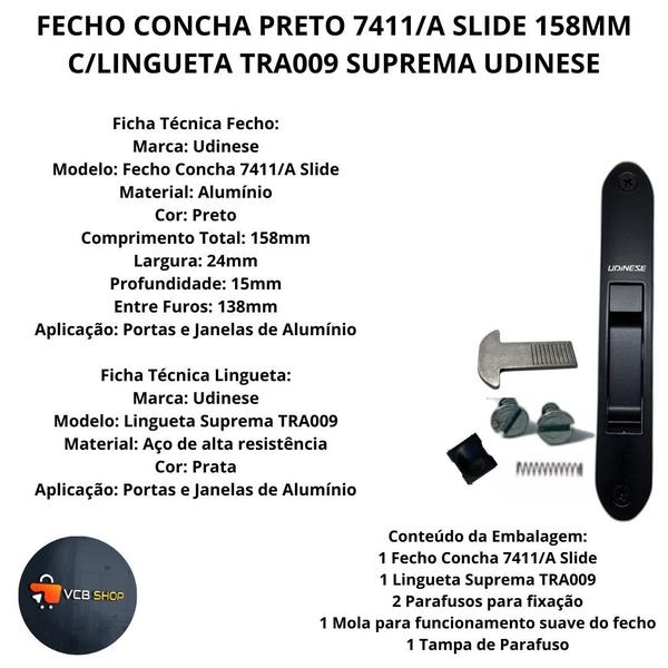 Imagem de Fecho concha preto 7411/a slide 158mm c/lingueta suprema tra009 janela porta aluminio udinese