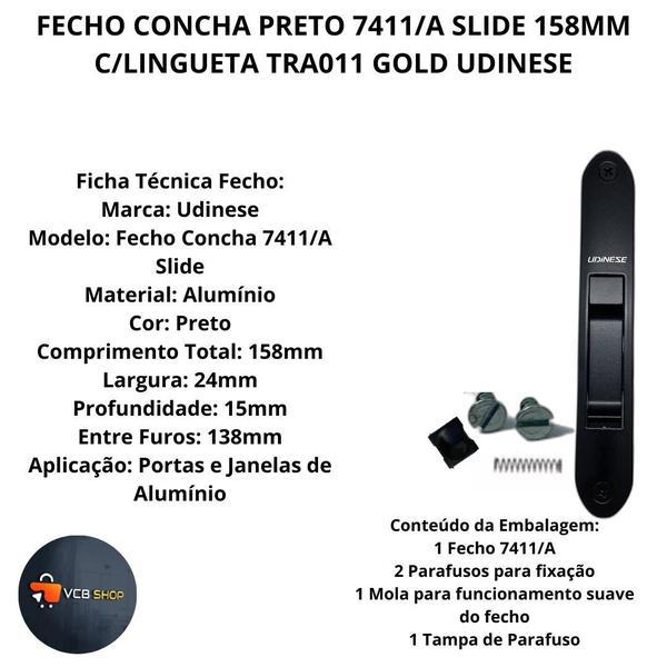 Imagem de Fecho concha preto 7411/a slide 158mm janela porta aluminio udinese