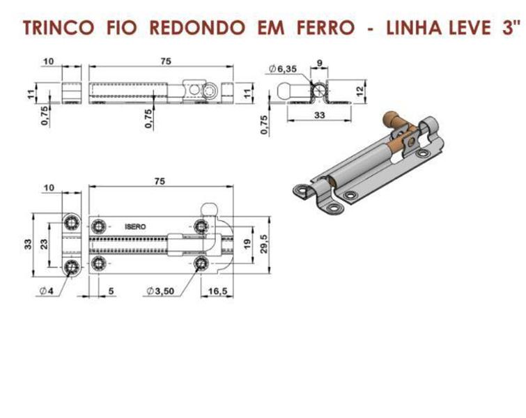 Imagem de Fecho Ferrolho Trinco Fio Redondo Aço Porta Portão 7,5 cm - isero