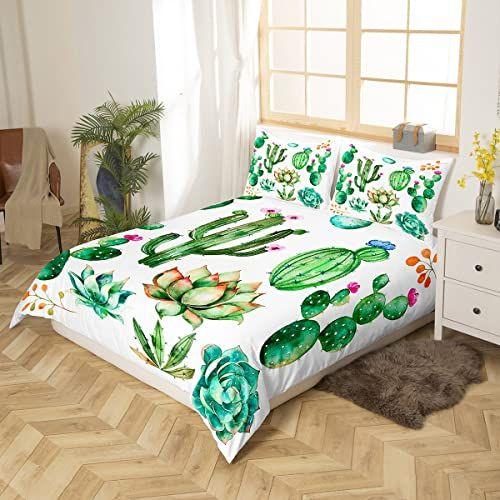 Imagem de Feelyou Bright Cactus Impresso Roupa de cama Conjunto Cheio para Meninas Meninos Plantas Verde Suculentas Roupa de Cama Edredom Kids Teen Nature Art Soft Microfiber Quarto Decorativo 3 Peças Edredom Cobertura Chic