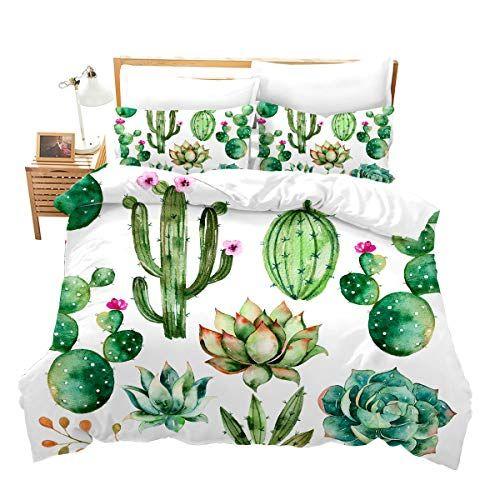 Imagem de Feelyou Bright Cactus Impresso Roupa de cama Conjunto Cheio para Meninas Meninos Plantas Verde Suculentas Roupa de Cama Edredom Kids Teen Nature Art Soft Microfiber Quarto Decorativo 3 Peças Edredom Cobertura Chic