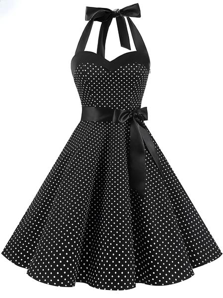 Imagem de Feminino Retro Bolinhas Halter Vintage Pin up Rockabilly Vestido De Festa Verão Branco