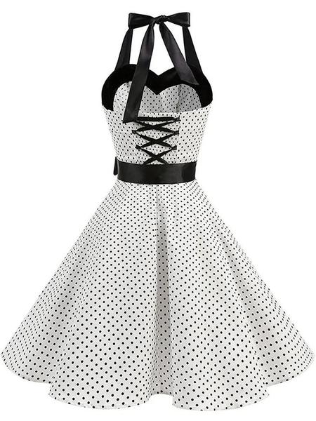 Imagem de Feminino Retro Bolinhas Halter Vintage Pin up Rockabilly Vestido De Festa Verão Branco