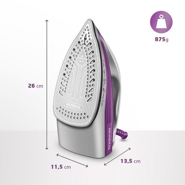 Imagem de Ferro a Vapor Mondial FVN-01-P com Spray e Base Cerâmica Diamante  Branco/Roxo - 127 v