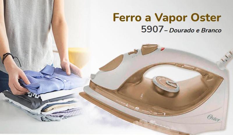 Imagem de Ferro a Vapor Oster 5907 com Antiaderente - Dourado e Branco - 110V