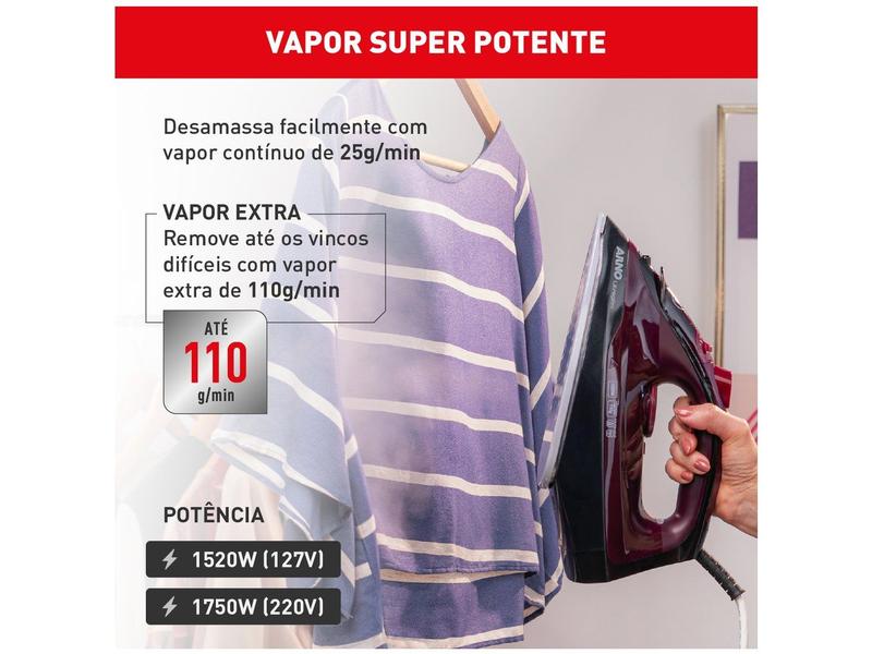 Imagem de Ferro de Passar Roupa a Vapor Arno Ultragliss FMV Vinho e Preto