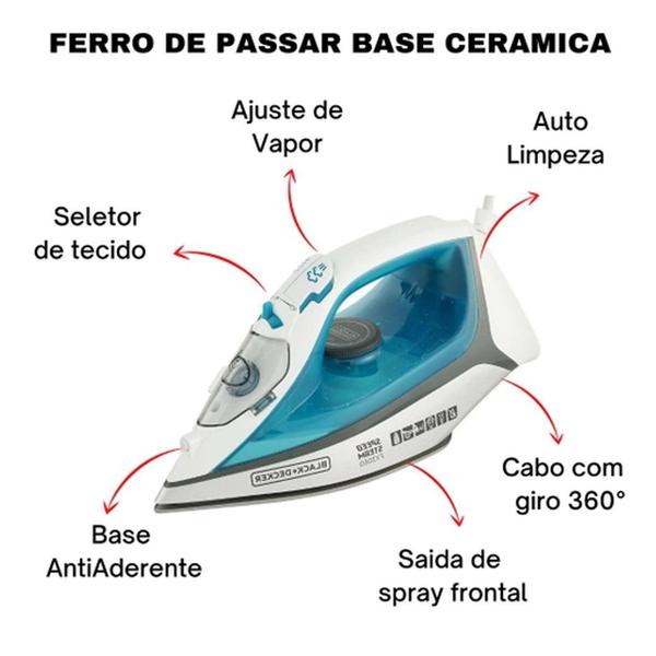 Imagem de Ferro de Passar Roupas a Vapor Com Base Antiaderente Black Decker FX3060BR 110V 1200W