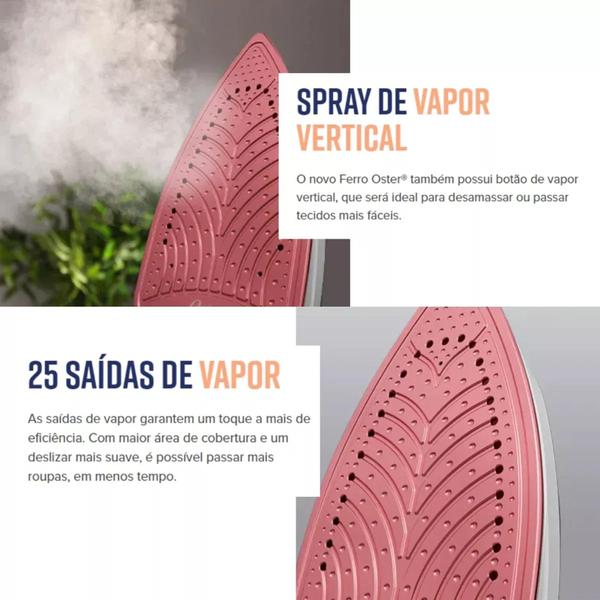 Imagem de Ferro Oster Passar Roupa Elétrico Vapor Aeroceramic Rosa Cor Rosa-claro