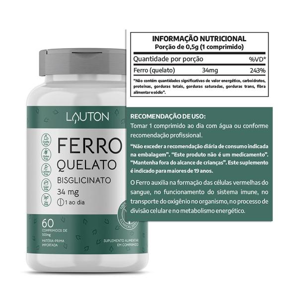 Imagem de Ferro Quelato Bisglicinato 34mg Premium Lauton Vegano - Kit 3