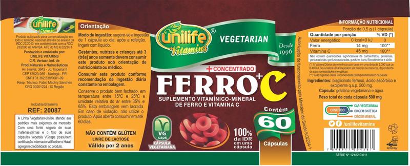 Imagem de FERRO + VITAMINA C - 60 Cápsulas 500mg UNILIFE