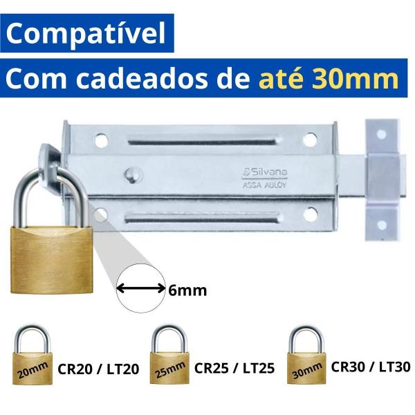 Ferrolho Trinco Tarjeta Fecho Chato 13Cm + Cadeado 25Mm - Silvana Imagem de Ferrolho Trinco Tarjeta Fecho Chato 13Cm + Cadeado 25Mm