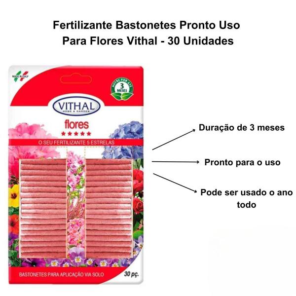 Imagem de Fertilizante Bastonetes Pronto Uso Para Flores Vithal - 30 Unidades