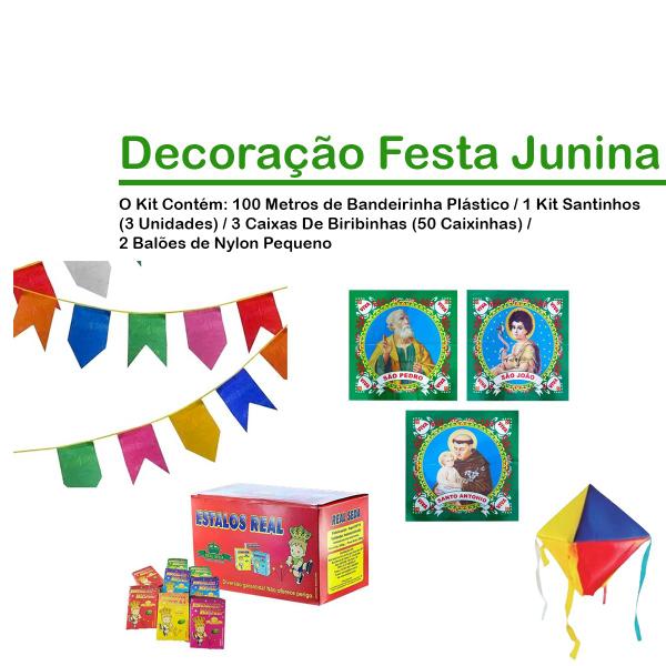 Imagem de Festa Junina Kit 100m Bandeirinhas Balões Nylon Santos Biribinhas