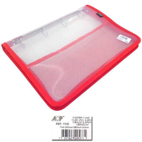 Fichário Universitário Transparente com Ziper Vermelho - ACP Imagem de Fichário Universitário Transparente com Ziper Vermelho