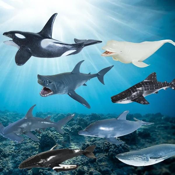 Imagem de Figuras de Ação de Animais Marinhos em PVC para Crianças - Baleia Jubarte, Tubarão, Beluga e Golfinho