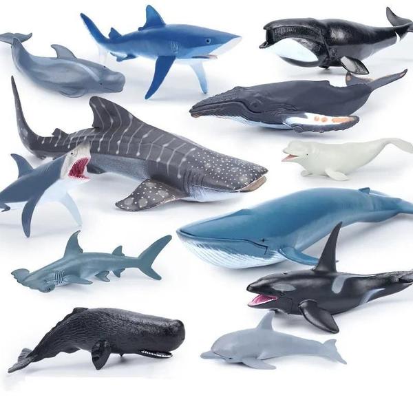 Imagem de Figuras de Ação de Animais Marinhos em PVC para Crianças - Baleia Jubarte, Tubarão, Beluga e Golfinho