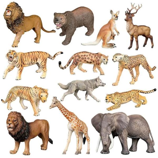 Imagem de Figuras de Ação de Animais Selvagens para Crianças - Urso, Elefante, Leão, Veado, Hipopótamo, Zebra e Crocodilo