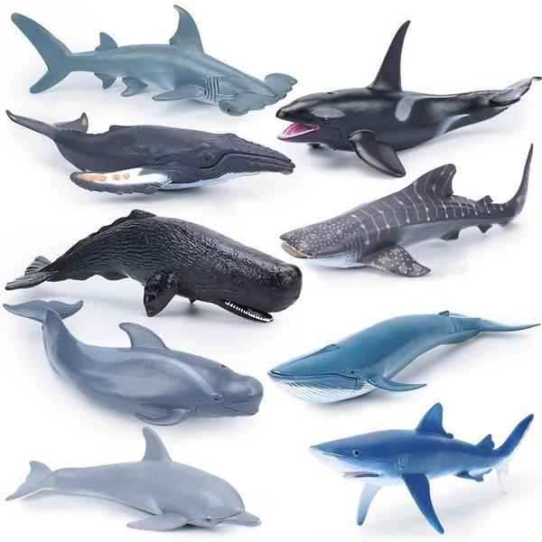 Imagem de Figuras de Ação de Baleia, Tubarão, Golfinho e Martelo - Brinquedos de Animais Marinhos