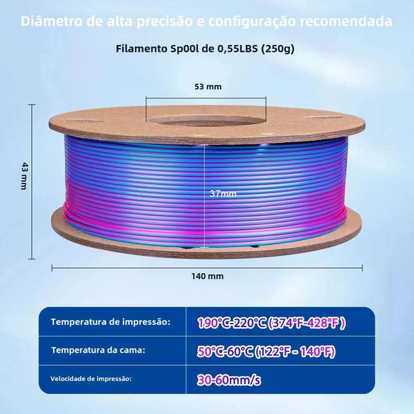 Imagem de Filamento PLA de Seda Tripla Cor 1,75mm (250g) - Rosa, Vermelho, Azul Céu e Verde