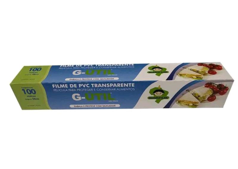 Imagem de Filme Guarufilme de Pvc para Alimentos. Rolo 28CmX100Mts C/ Serrilha Corta Fácil