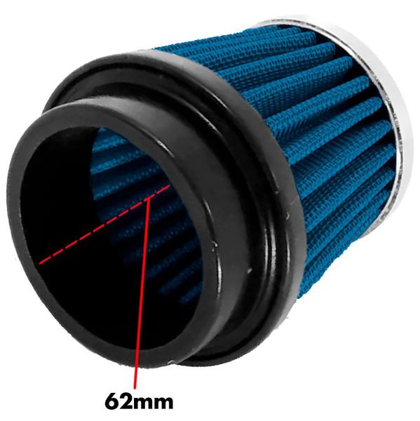 Filtro de Ar Esportivo Tecido Azul Cônico Injeção 62mm - RACE CHROME Imagem de Filtro de Ar Esportivo Tecido Azul Cônico Injeção 62mm