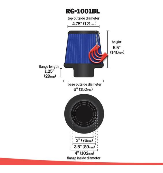 Filtro De Ar Esportivo Universal Duplo Fluxo Universal Cônico Cilíndrico KN K&N RG-1001BL Lavável Imagem de Filtro De Ar Esportivo Universal Duplo Fluxo Universal Cônico Cilíndrico KN K&N RG-1001BL Lavável