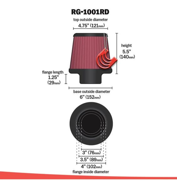 Imagem de Filtro De Ar Esportivo Universal Duplo Fluxo Universal Cônico Cilíndrico KN K&N RG-1001RD Lavável