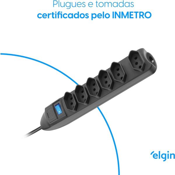 Imagem de Filtro De Linha 6 Entradas Cabo 1,5m Preto 127V/220V Elgin