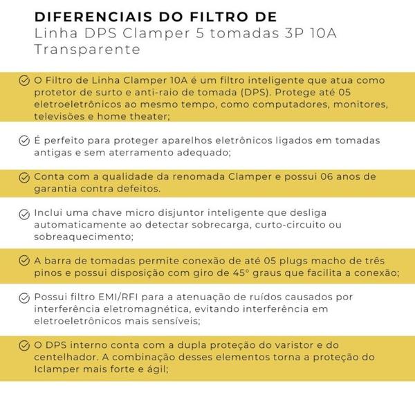 Imagem de Filtro de linha com Protetor Contra Surtos (DPS) 10A 127/220V 3 Pinos - Clamper