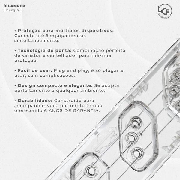 Imagem de Filtro de linha com protetor contra surtos (DPS) - 127/220 volts - 10 amperes - 5 tomadas - 3 pinos - iCLAMPER Energia 5 - LCF