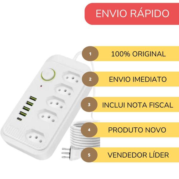 Imagem de Filtro De Linha Extensão 2 Mts 5 Tomada 4 Usb 1 Tipo-C Régua