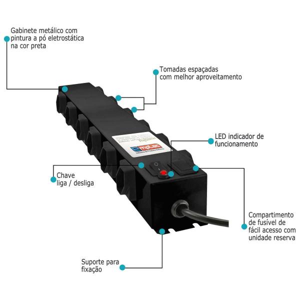 Imagem de Filtro de Linha Profissional 12 Tomadas 10A Bivolt Metálico Cabo Certificado de 5 metros Emplac F50262 Preto