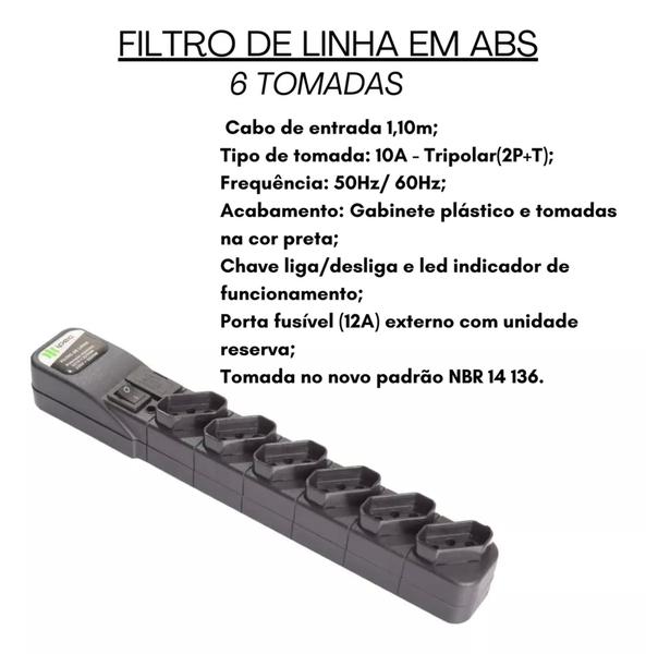 Imagem de Filtro De Linha Régua 6 Tomadas Cabo De 1,20M - Inmetro Ipec 4111