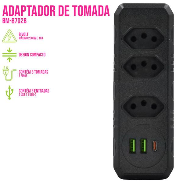 Imagem de Filtro de Linha Régua Elétrica Benjamin 3 Tomadas 2 USB 1 Tipo C