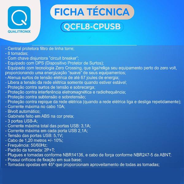 Imagem de Filtro De Linha Torre 8 Tomadas + 3 USB Bivolt Qualitronix