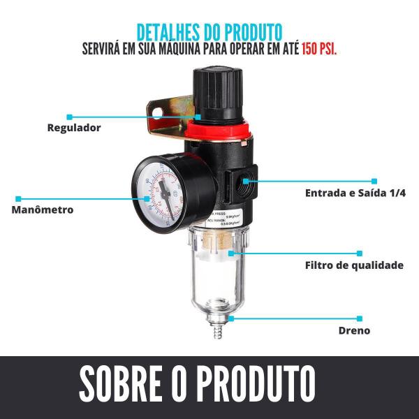 Imagem de Filtro Regulador Ar Compressor 1/4 Com Manometro E Suporte