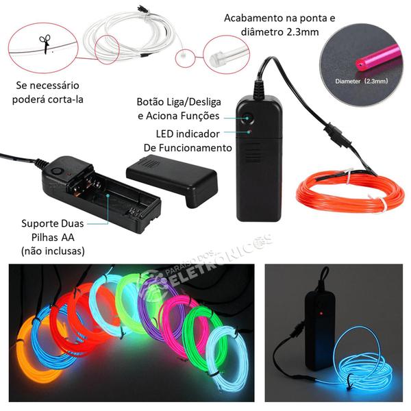 Imagem de Fio Cordão Neon Fluorescente 3 Metros Com Controlador Luz Flexível XM21152