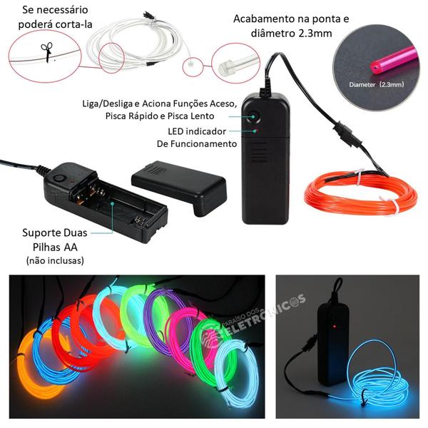 Imagem de Fio Cordão Neon Fluorescente 5 Metros Com Controlador Luz Flexível CYL5865