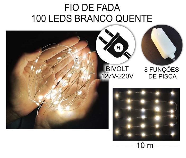 Fio de Fada 100Leds Bivolt Pisca Luz Branco Quente Natal 10m - Multiart Christmas Imagem de Fio de Fada 100Leds Bivolt Pisca Luz Branco Quente Natal 10m