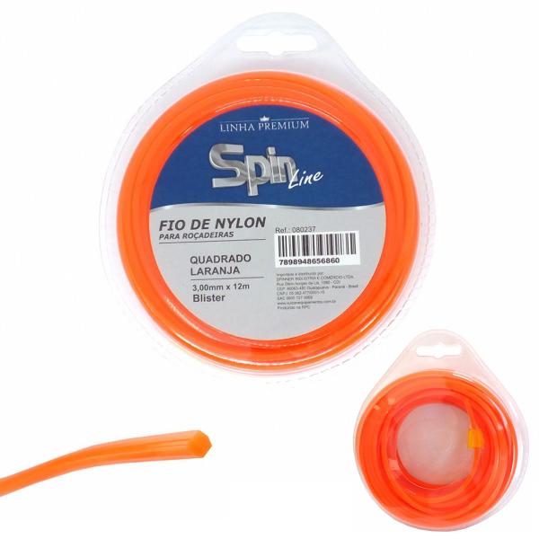 Imagem de Fio de Nylon 3mm Quadrado Laranja 12m Spin Premium para Roçadeira Vulcan Husqvarna Toyama Kawashima