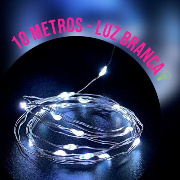 Fio Fada Cordão De Led 10m 100 Leds Fixo Pilha Branco Frio - Amana Store Imagem de Fio Fada Cordão De Led 10m 100 Leds Fixo Pilha Branco Frio