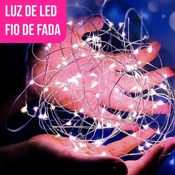 Fio Fada Cordão De Led 10m 100 Leds Fixo Pilha Branco Frio - Amana Store Imagem de Fio Fada Cordão De Led 10m 100 Leds Fixo Pilha Branco Frio