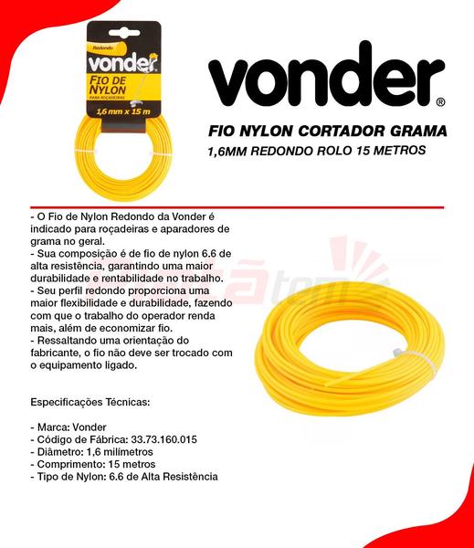 Imagem de Fio Nylon Cortador Grama 1,6mm Redondo Rolo 15 Metros Vonder