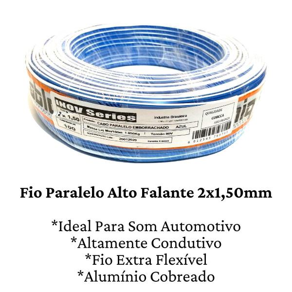 Imagem de Fio Paralelo Alto Falante 2x1,50mm Cabo Flexível - 25 Metros Para Som Automotivo Emborrachado 1,5mm 25m