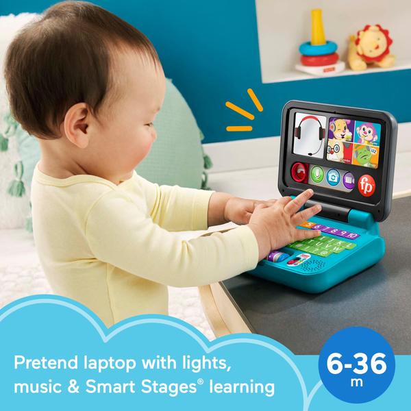 Imagem de Fisher-Price Laugh & Learn Let's Connect Laptop, brinquedo eletrônico com luzes, música e conteúdo de aprendizagem de estágios inteligentes para bebês e crianças pequenas