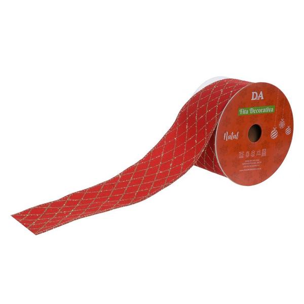 Fita Aramada Veludo C/ Glitter Com Costura Vermelho e Champanhe 6,3cmx9,14m - D. E. A. D. A. Imagem de Fita Aramada Veludo C/ Glitter Com Costura Vermelho e Champanhe 6,3cmx9,14m