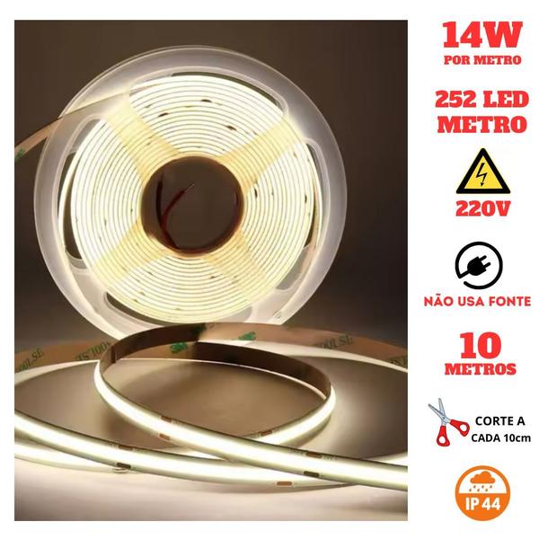 Imagem de Fita COB 252 LED's 10 Metros IP44 220V 14W 4000K Liga Direto