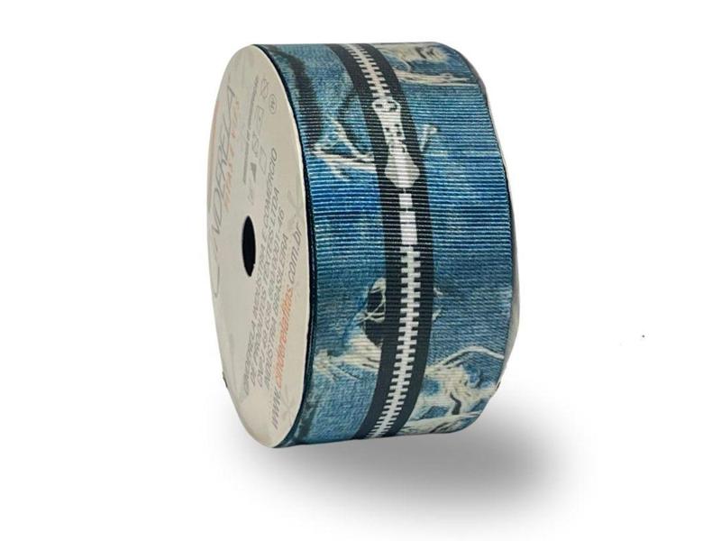 Fita De Gorgurão Estampada 38mm Cinderela - Jeans Com Ziper - Cinderela Fitas Imagem de Fita De Gorgurão Estampada 38mm Cinderela - Jeans Com Ziper - Cinderela Fitas