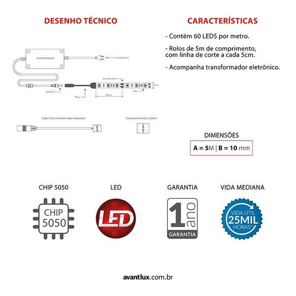 Imagem de Fita De Led 5 Metros 4,8w 3000k Branco Quente Avant + Fonte